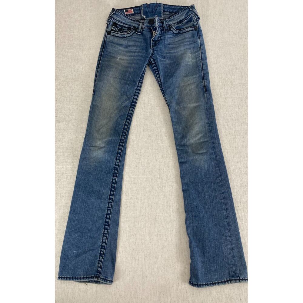 True Religion Jeans Womens 28 Blue Denim Regular Flare Fit Button Zip Pocket Y2k